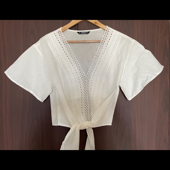 SHEIN Drop Shoulder Guipure Lace Trim Knot Hem Top - Picture 10 of 14